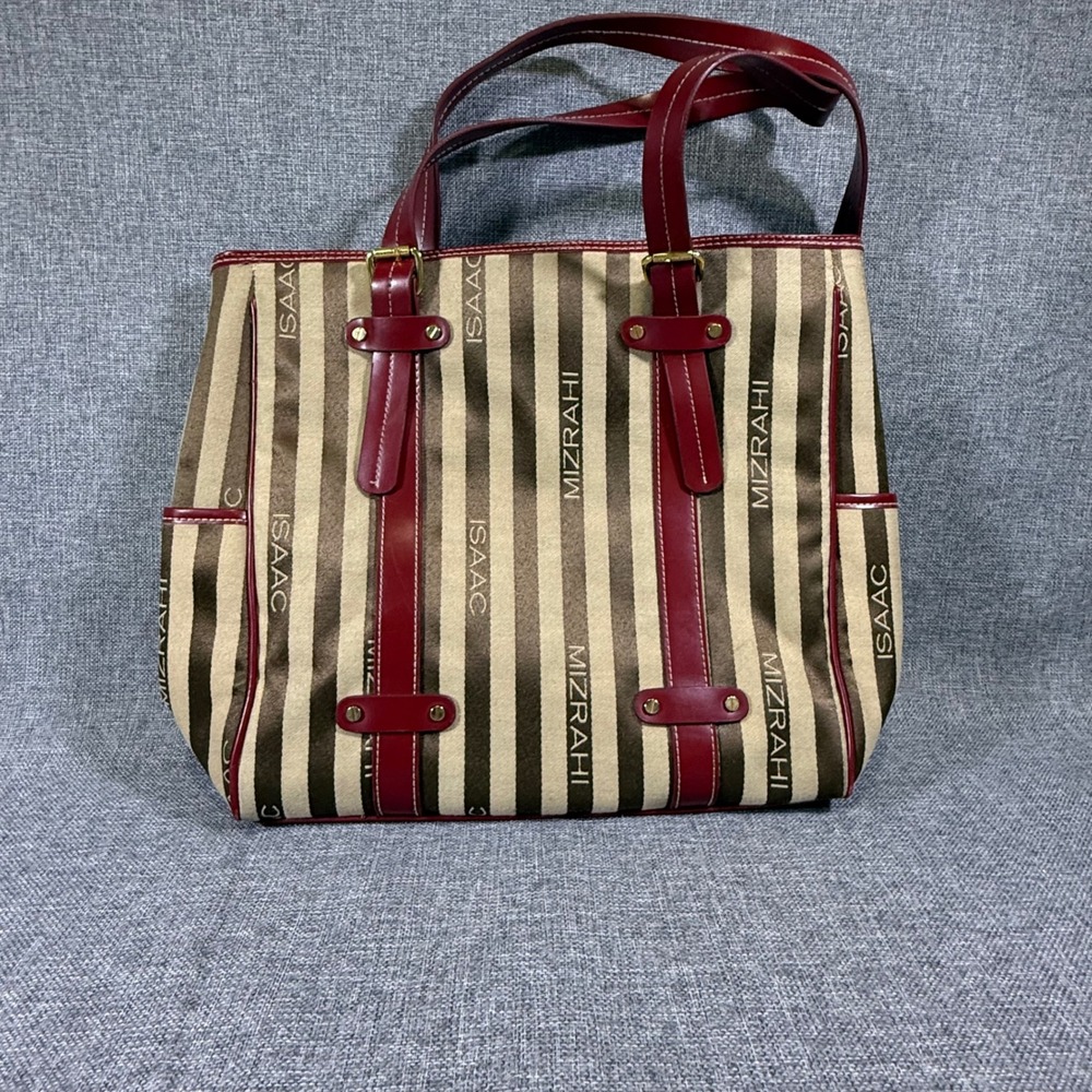 Isaac Mizrahi Shoulder Tote Bag Laptop Brown Cream Striped Red Straps Quiet Lux